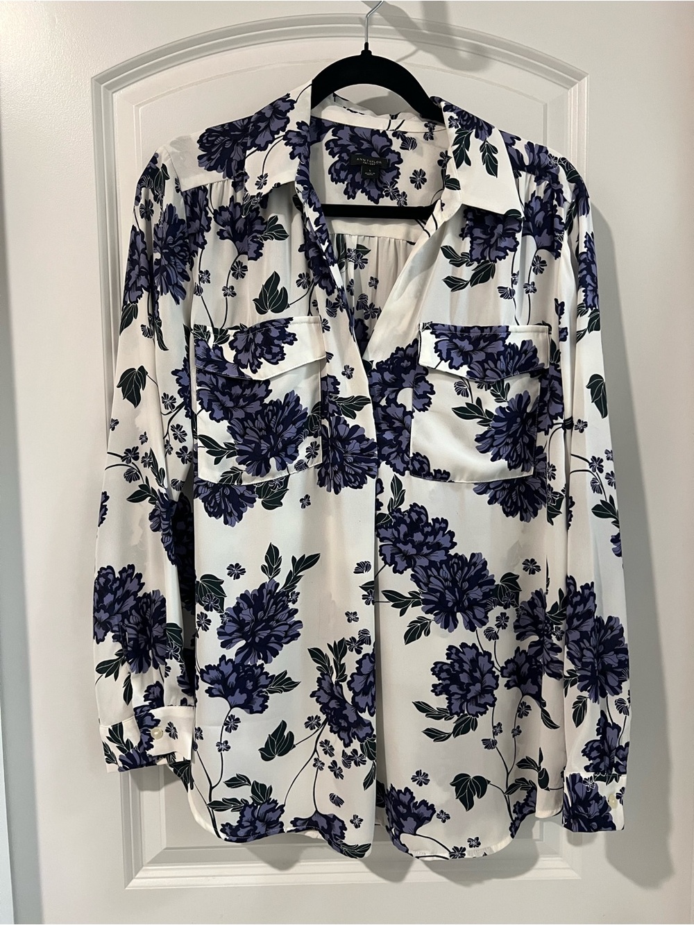 Ann Taylor Floral Button-Up Blouse in White and Purple